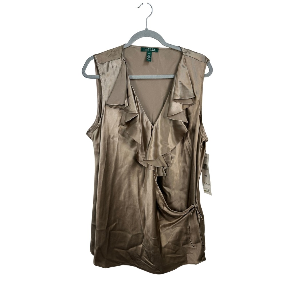 Lauren Ralph Lauren Silk Wrap Top Women 20W Taupe NEW Ruffle Satin Sleeveless